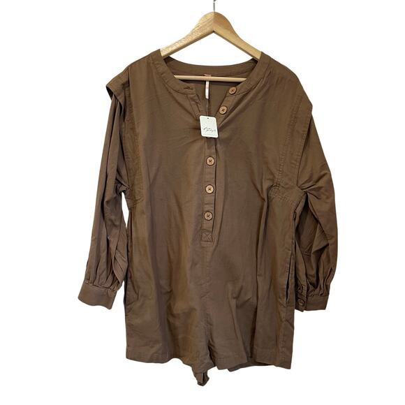 Free People Leyla Romper NWT Size M Linen Cotton Blend Tan Beachy Oversized - Picture 3 of 12